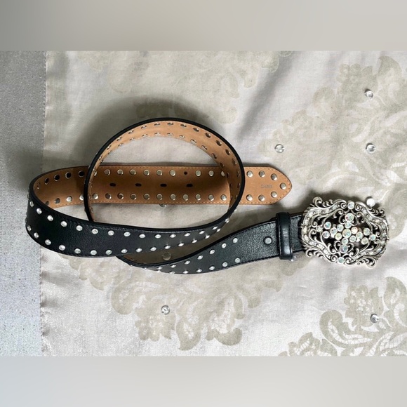 Tony Lama Black Blingy Leather Western Belt with Silver Chrome Ornate Buckle - Picture 2 of 9